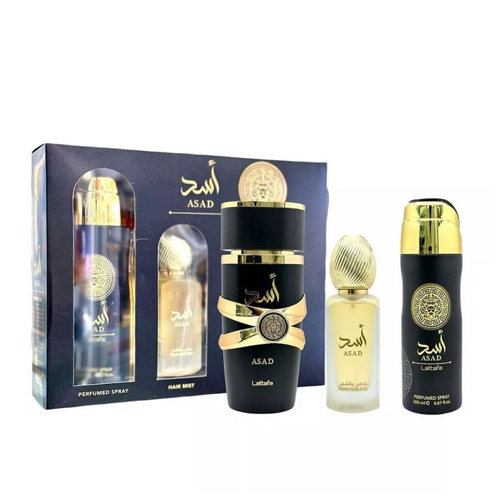 Lattafa Asad Gift Set for Men, Includes: 3.4 Oz EDP, Deodorant & Hair Mist