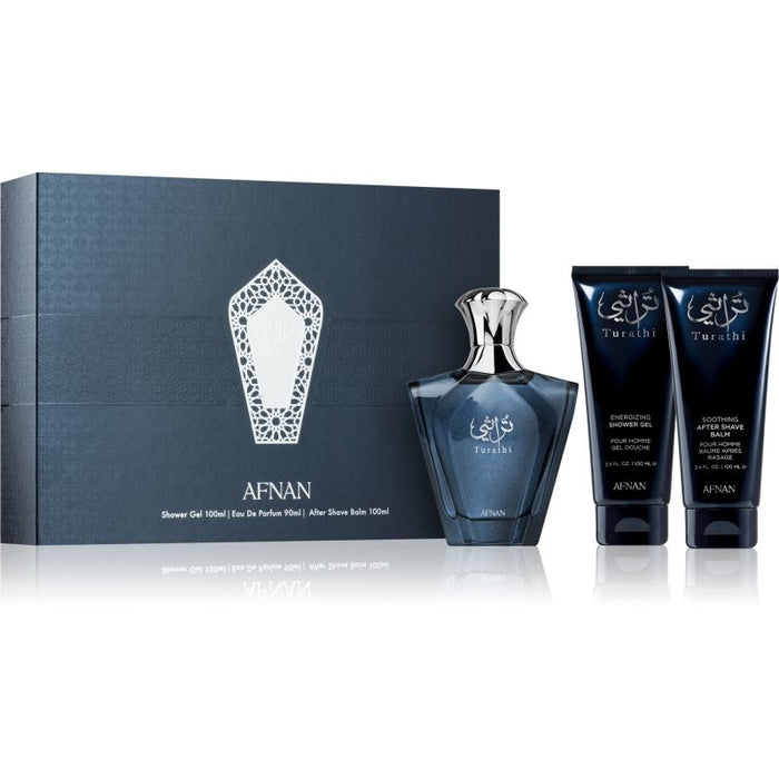Afnan Turathi Blue 3-Piece Gift Set for Men, 3.0 Oz EDP, After Shave Balm and Shower Gel
