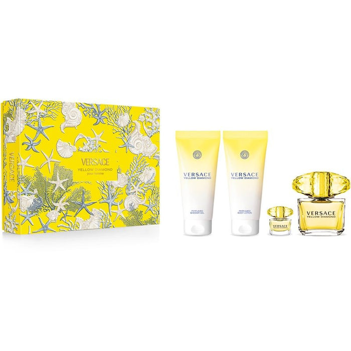 Versace Yellow Diamond 4-Piece Gift Set for Women, 3.0 Oz EDT, Shower Gel, 3.4 Oz Body Lotion and Travel Spray