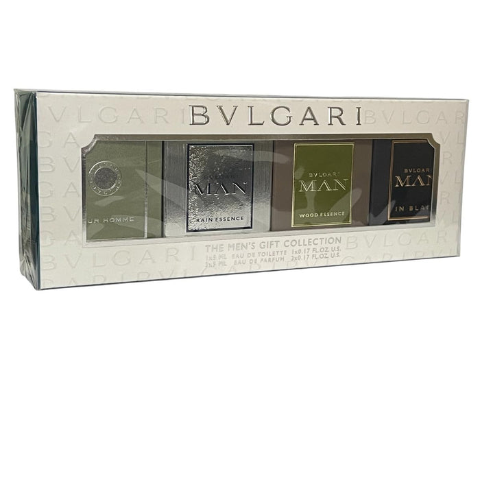 Bvlgari 4-Piece Mini Gift Set for Men, 0.16 Oz Pour Homme EDT, Rain Essence EDP, Wood Essence EDP and In Black EDP
