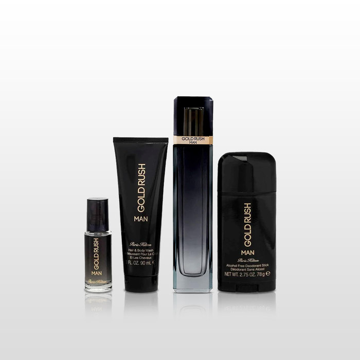 Paris Hilton Gold Rush Man Gift Set, Includes: 3.4 Oz EDT, Mini EDT, Body Wash and Deo