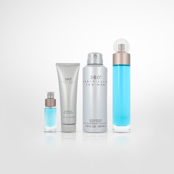 Perry Ellis 360 Degrees Men Set: 3.4 Oz EDT, Mini EDT, 6.8 Oz Body Spray and Gel