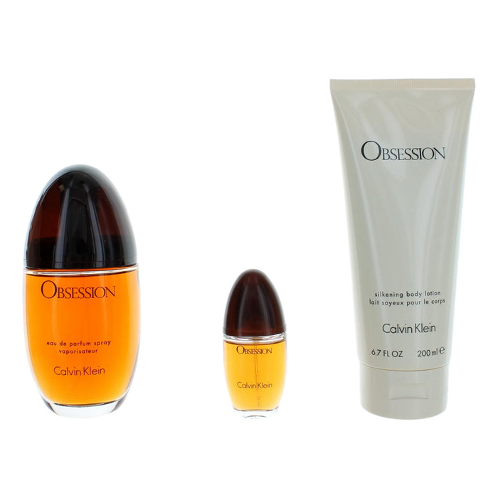 Calvin Klein Obsession 3-Piece Gift Set for Women, 3.4 Oz EDP, 0.5 OZ EDP and Body Lotion
